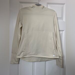 Apana lightweight hooded sweatshirt. Color is a light yellow/cream color. Small